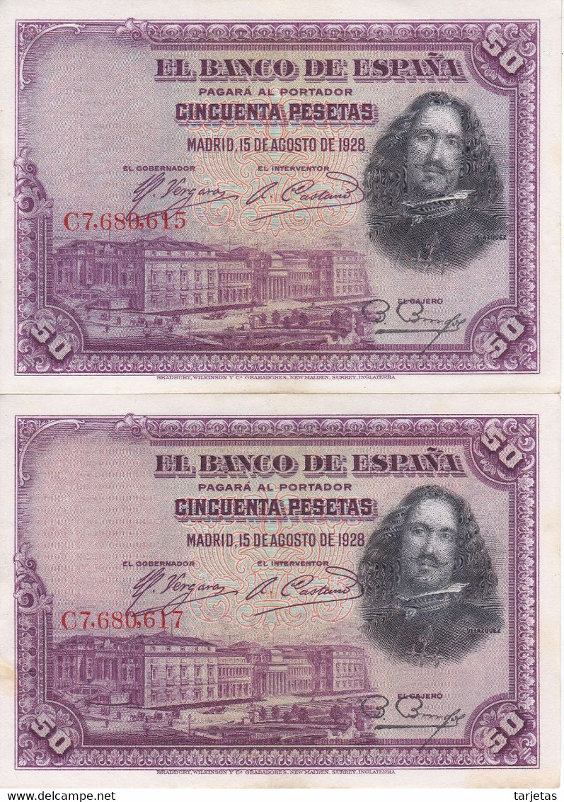 PAREJA IMPAR DE 50 PTAS DE 1928 DE VELAZQUEZ SERIE C EN CALIDAD EBC (XF) (BANKNOTE) - 50 Pesetas