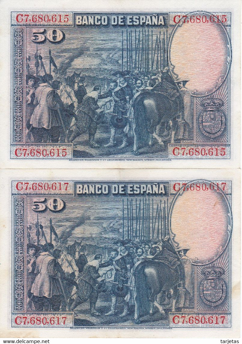 PAREJA IMPAR DE 50 PTAS DE 1928 DE VELAZQUEZ SERIE C EN CALIDAD EBC (XF) (BANKNOTE) - 50 Peseten