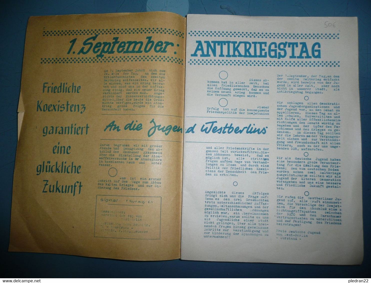 REVUE SIGNAL 1. SEPT. ANTIKRIEGSTAG 1963 ALLEMAGNE DE L'EST BERLIN 65 NEUE HOCHSTR. 10 HAUSDRUCK - Hedendaagse Politiek