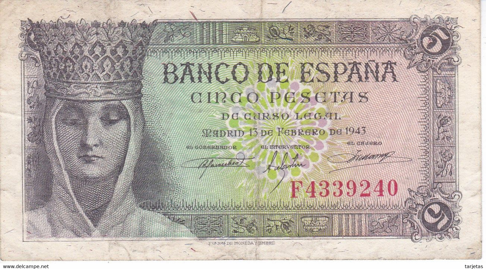 BILLETE DE ESPAÑA DE 5 PTAS DEL 13/02/1943 SERIE F CALIDAD MBC (VF) (BANKNOTE) - 5 Pesetas