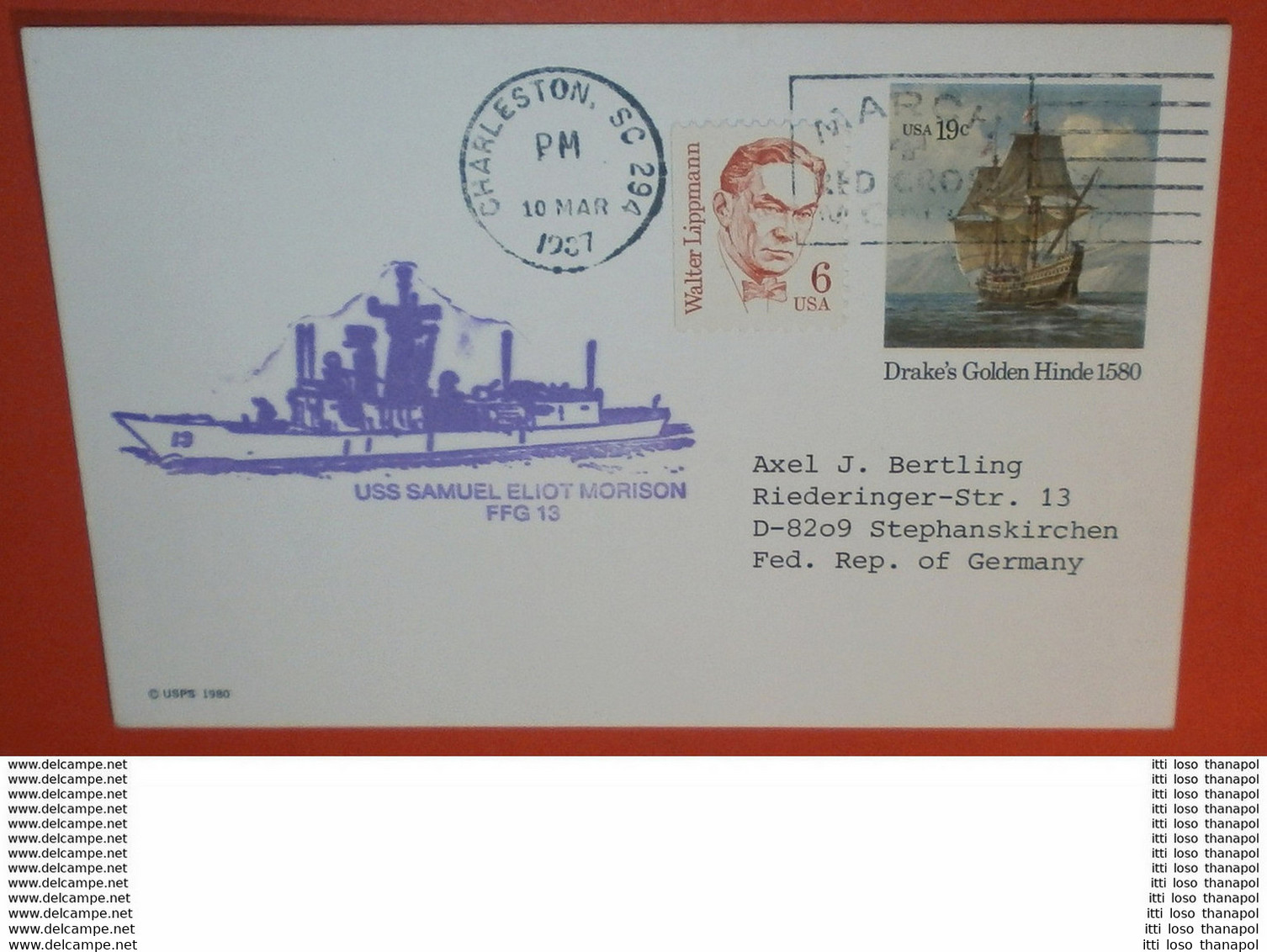 USA - Schiffspost: 10.03.1987 USS Samuel Eliot Morison - FFG-13 Ganzsache Postcard - Golden Hinde (2 Foto)(61050) UFO - 1981-00