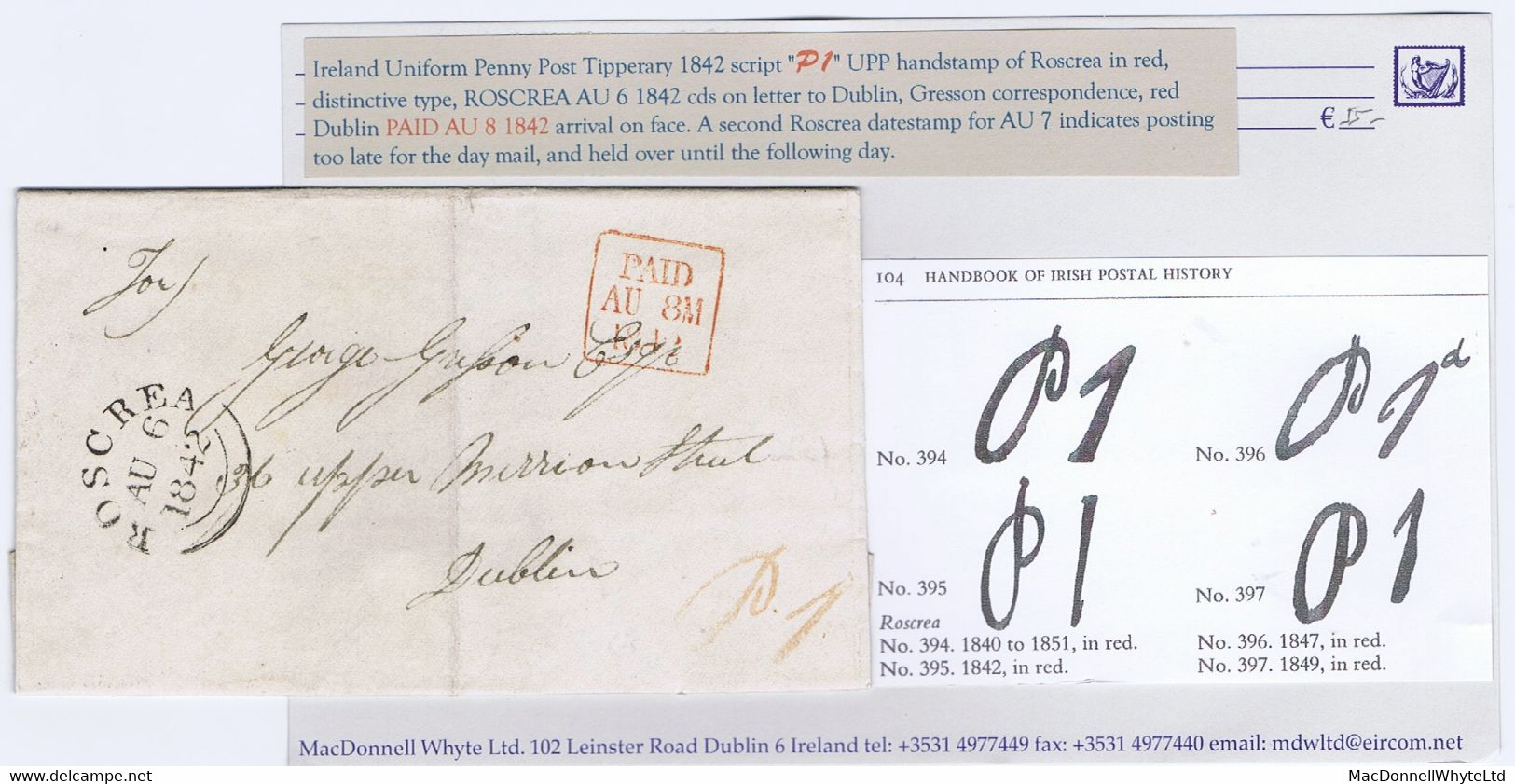 Ireland Uniform Penny Post Tipperary 1842 Letter To Dublin, Distinctive Script "P1" Of Roscrea In Orange ROSCREA AU 6 12 - Prefilatelia
