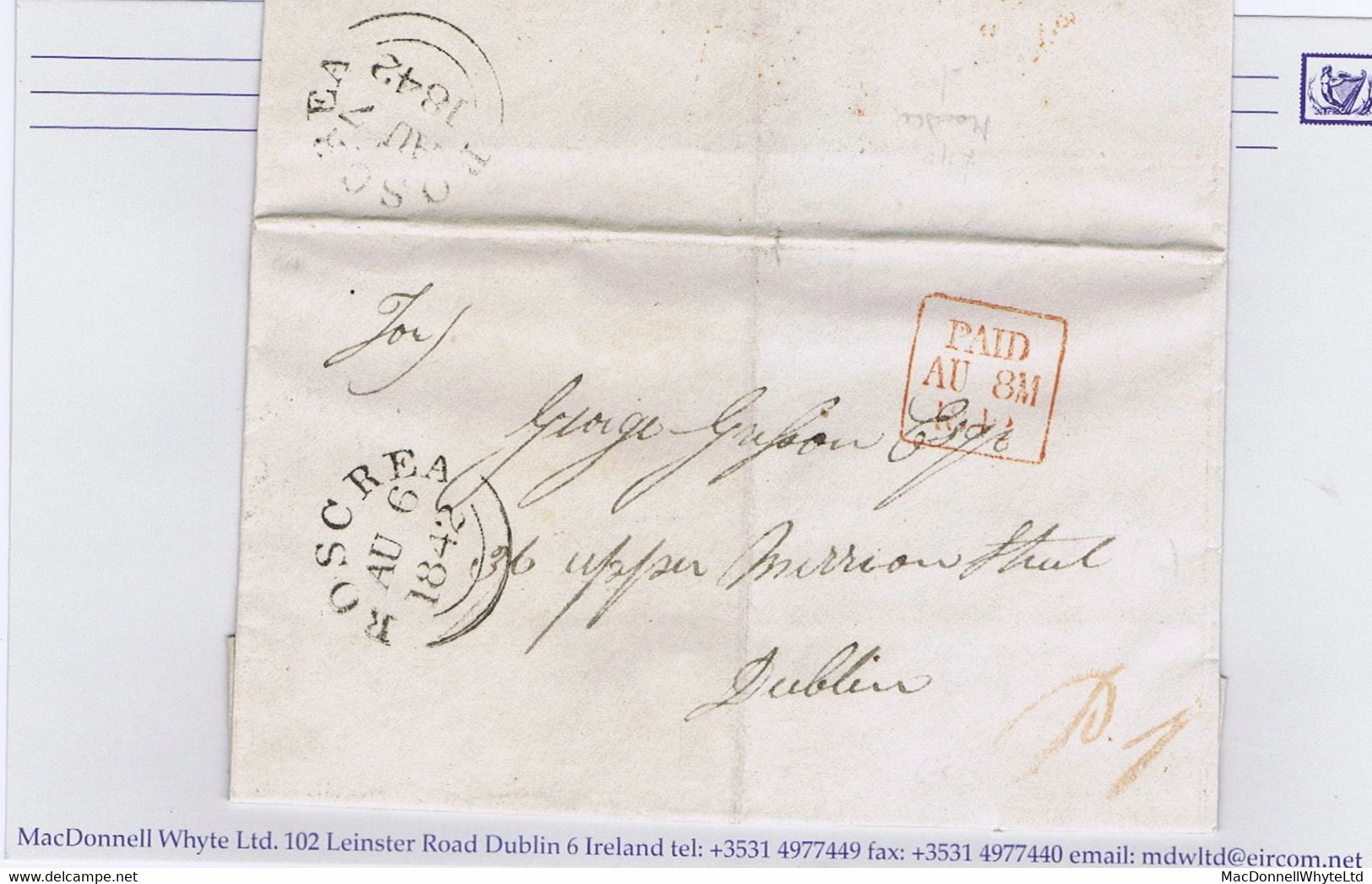 Ireland Uniform Penny Post Tipperary 1842 Letter To Dublin, Distinctive Script "P1" Of Roscrea In Orange ROSCREA AU 6 12 - Prefilatelia