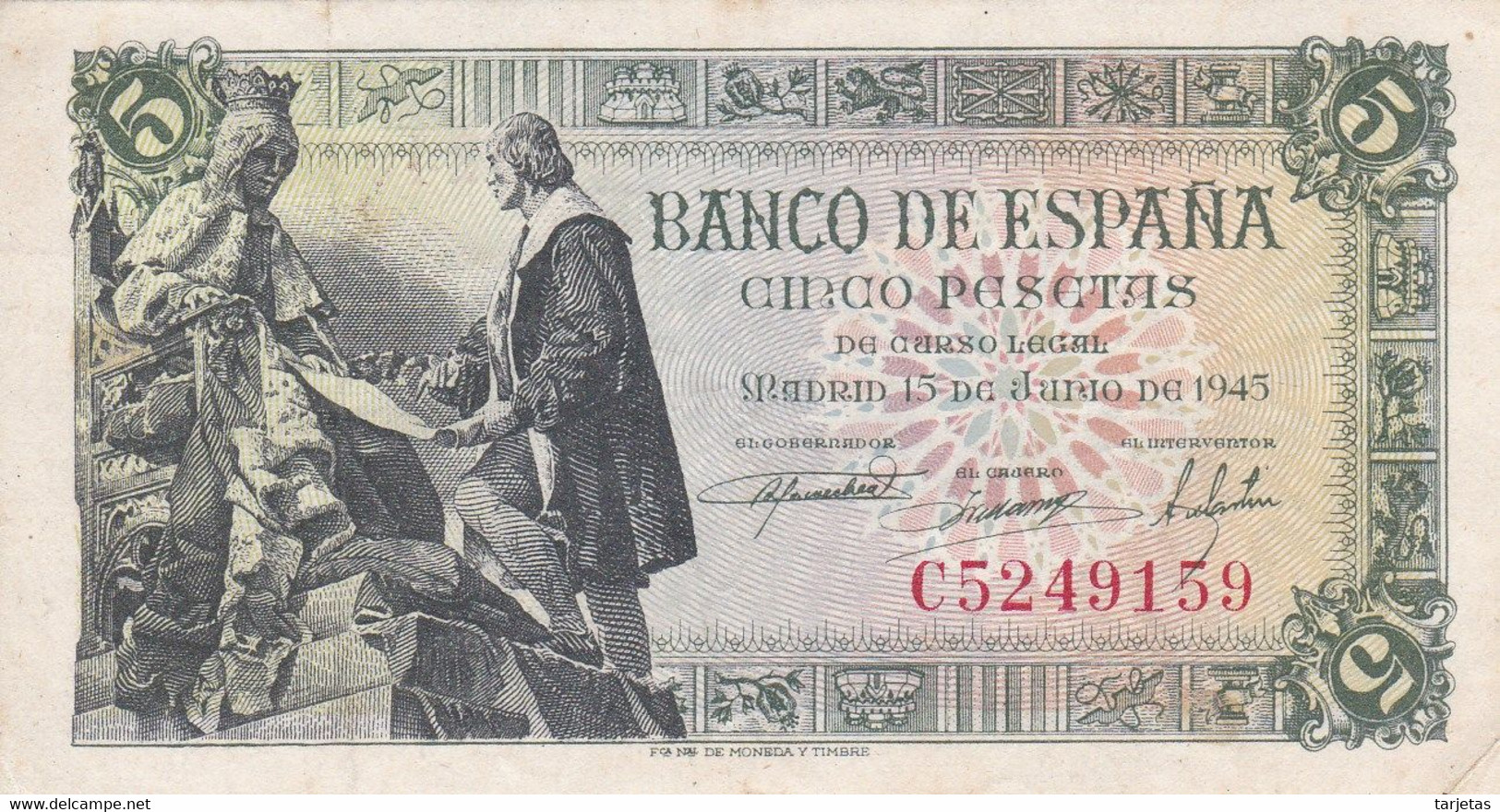 BILLETE DE ESPAÑA DE 5 PTAS DEL 15/06/1945 SERIE C CALIDAD EBC (XF) (BANKNOTE) - 5 Peseten