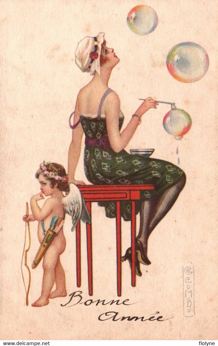 E. COLOMBO - Cpa Illustrateur - Ange Angelot Et Femme , Bulles De Savon - Colombo, E.