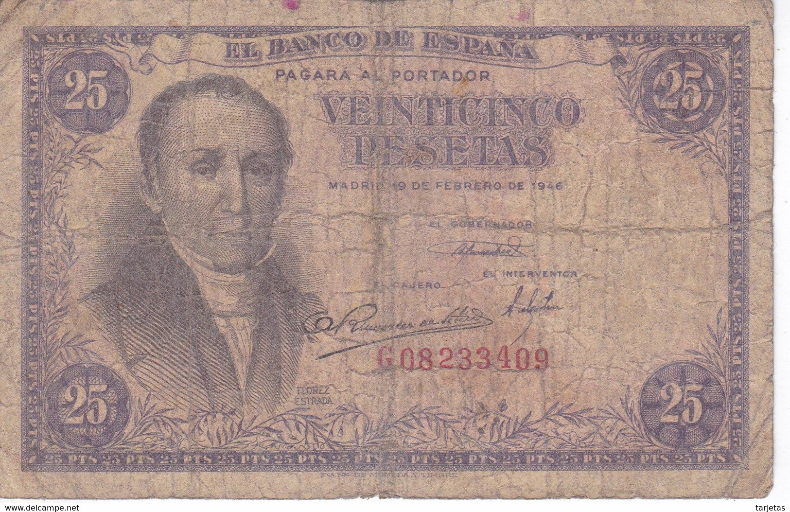 BILLETE DE ESPAÑA DE 25 PTAS DEL 19/02/1946 SERIE G  CALIDAD RC (BANKNOTE) - 25 Pesetas