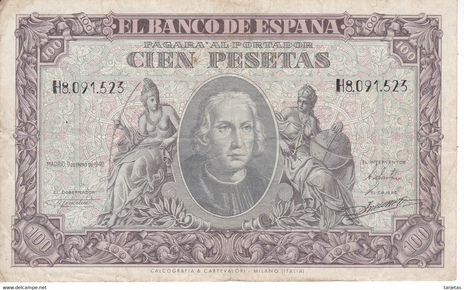 BILLETE DE ESPAÑA DE 100 PTAS DEL 9/01/1940 SERIE H  (BANKNOTE) CRISTOBAL COLON - 100 Peseten