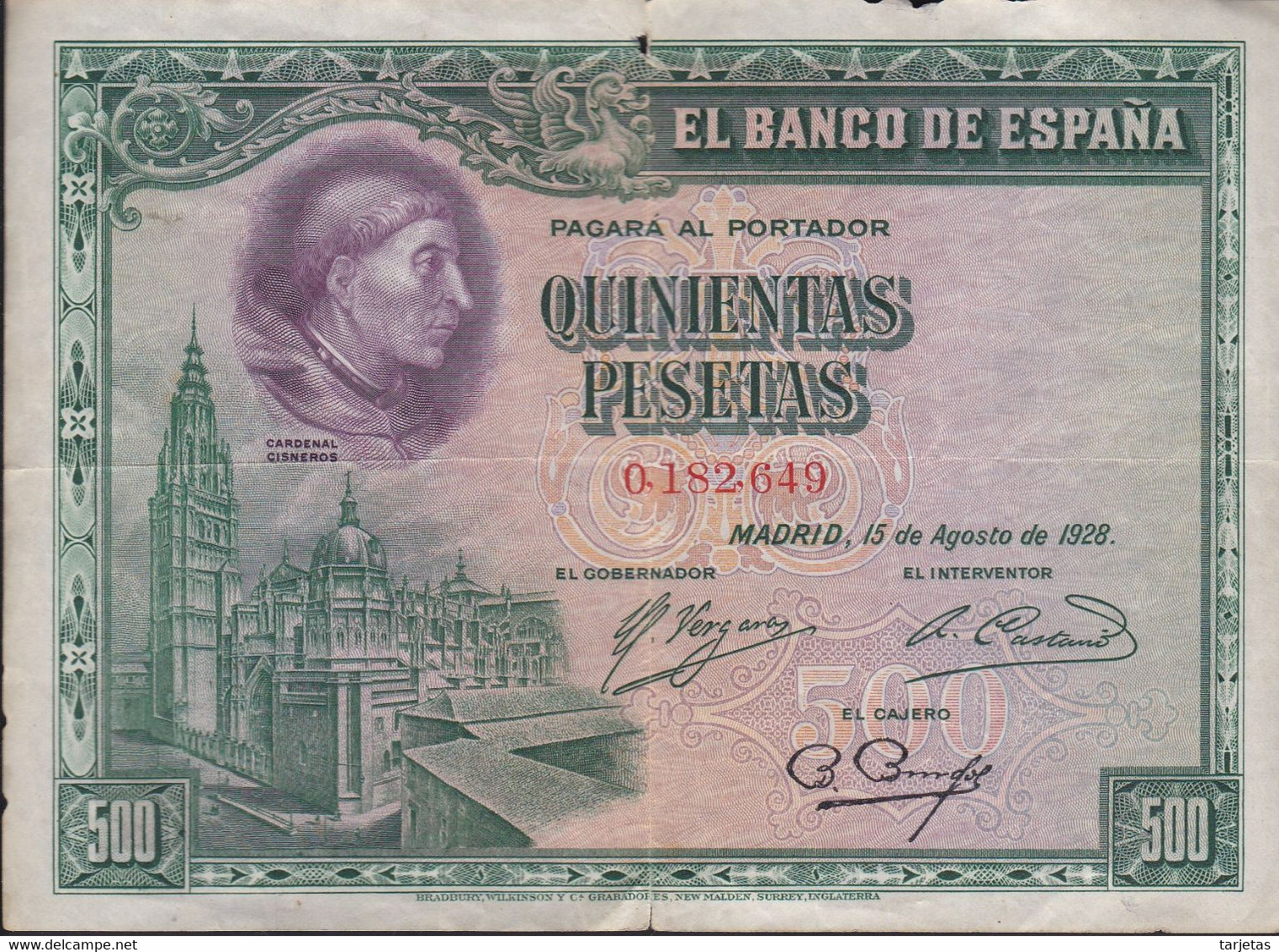 BILLETE DE ESPAÑA DE 500 PTAS DEL AÑO 1928 SIN SERIE -CARDENAL CISNEROS - 500 Pesetas