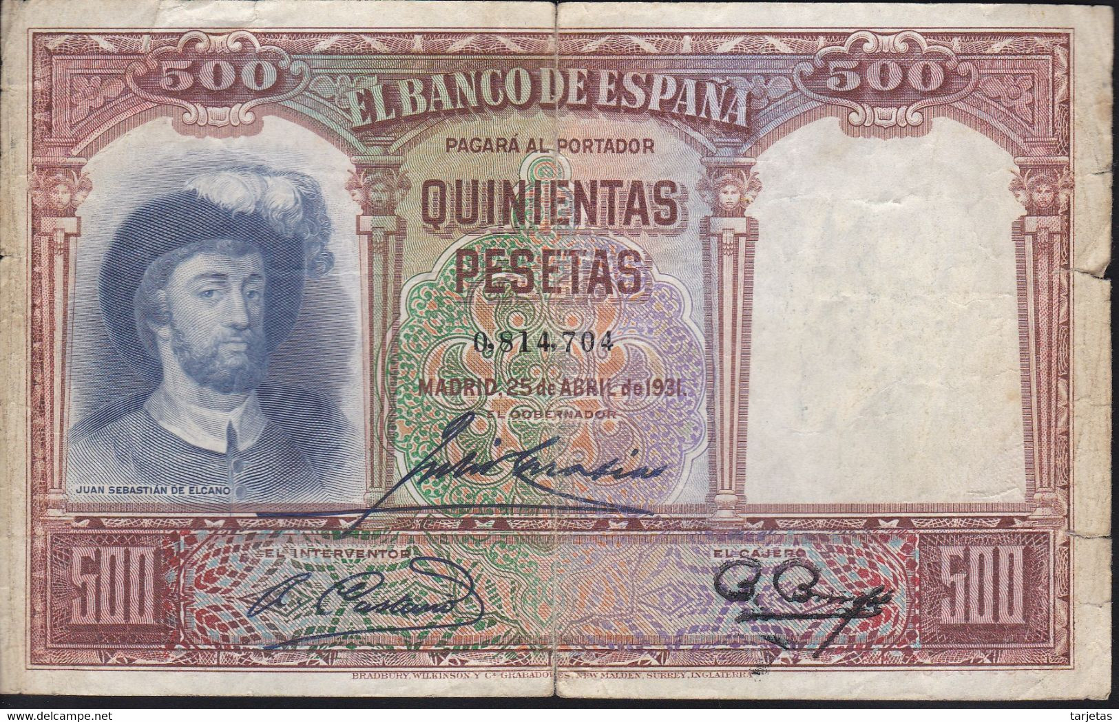 BILLETE DE ESPAÑA DE 500 PTAS DEL AÑO 1931 DE ELCANO CALIDAD RC - 500 Pesetas