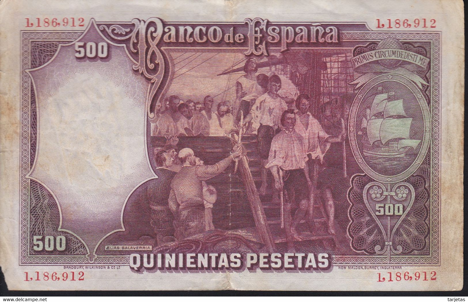 BILLETE DE ESPAÑA DE 500 PTAS DEL AÑO 1931 DE ELCANO CALIDAD RC - 500 Pesetas