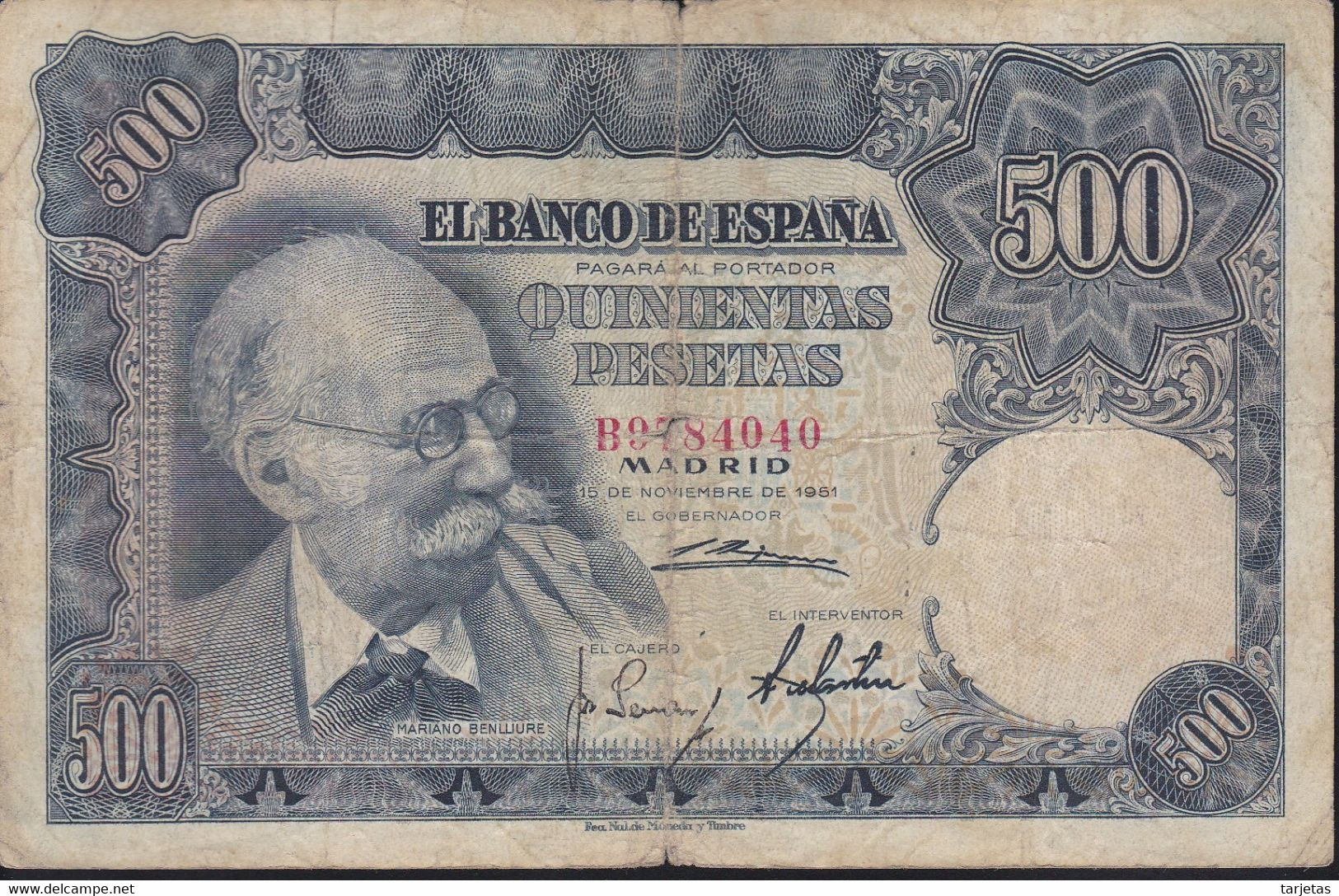 BILLETE DE 500 PTAS DEL AÑO 1951  SERIE B -  MARIANO BENLLIURE  (BANKNOTE) - 500 Pesetas