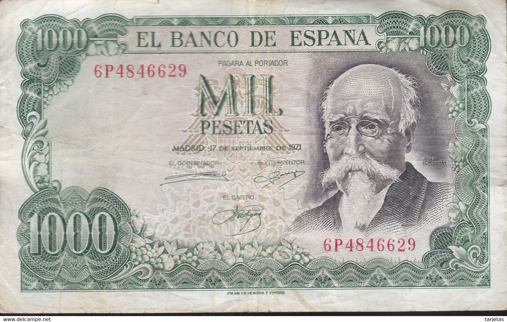 BILLETE DE ESPAÑA DE 1000 PTAS DEL AÑO 1971 JOSE ECHEGARAY SERIE 6P (BANKNOTE) - 1000 Peseten