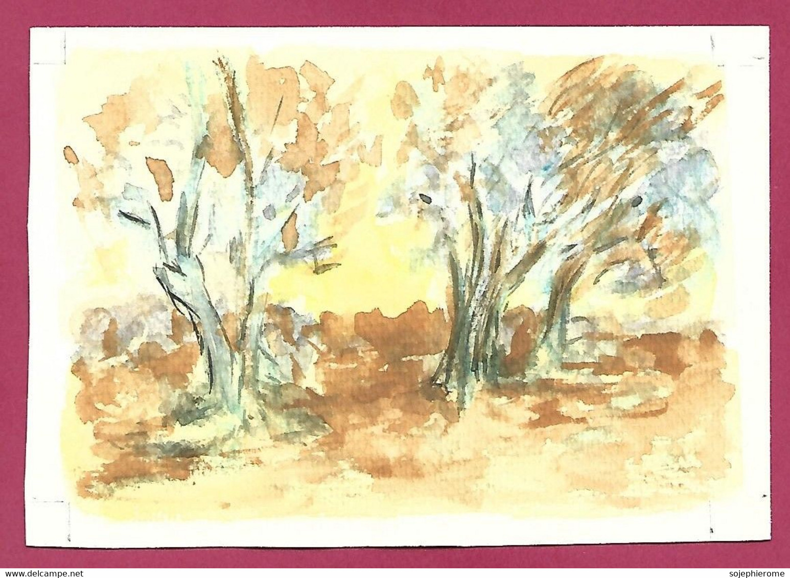 Aquarelle Anonyme Sur Papier Type Canson 2scans Arbres En Automne 13,6 Cm X 9,5 Cm - Watercolours