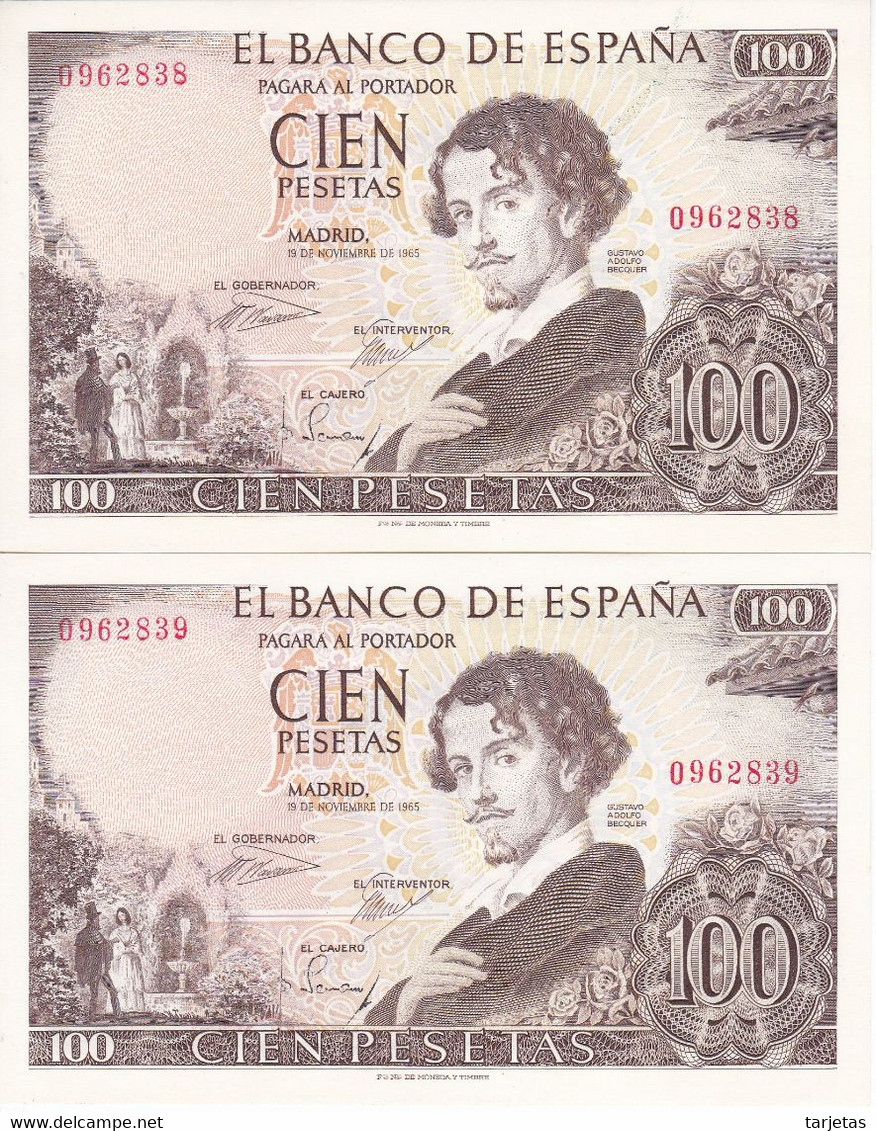 PAREJA CORRELATIVA DE 100 PESETAS DEL AÑO 1965 DE ADOLFO BECQUER SIN SERIE SIN CIRCULAR (UNC) (BANKNOTE) - 100 Peseten