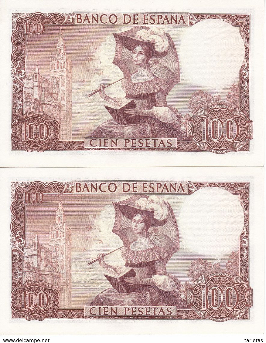 PAREJA CORRELATIVA DE 100 PESETAS DEL AÑO 1965 DE ADOLFO BECQUER SIN SERIE SIN CIRCULAR (UNC) (BANKNOTE) - 100 Pesetas