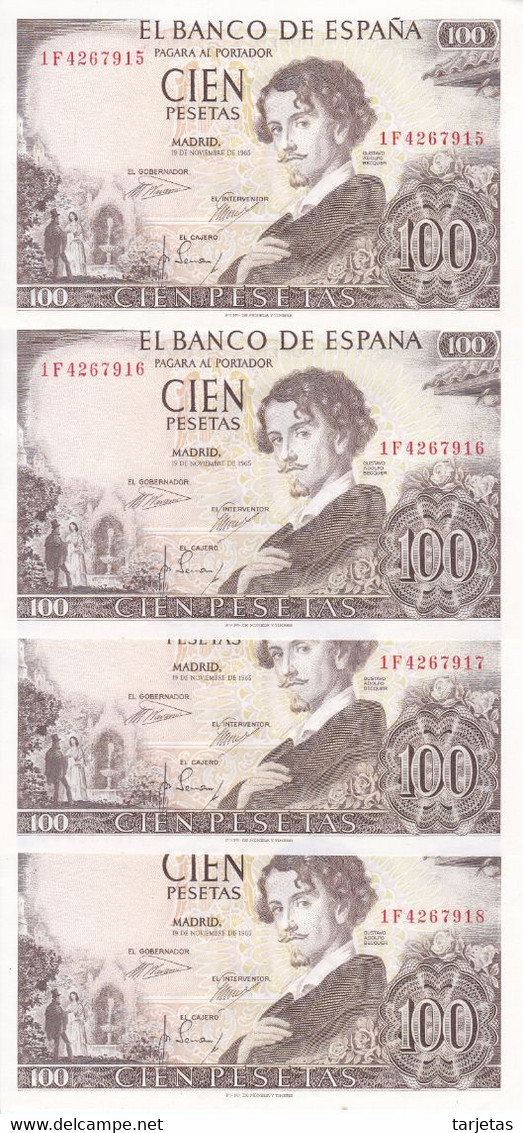 CUARTETO CORRELATIVO DE 100 PESETAS DEL AÑO 1965 DE ADOLFO BECQUER SERIE 1F SIN CIRCULAR (UNC) (BANKNOTE) - 100 Peseten