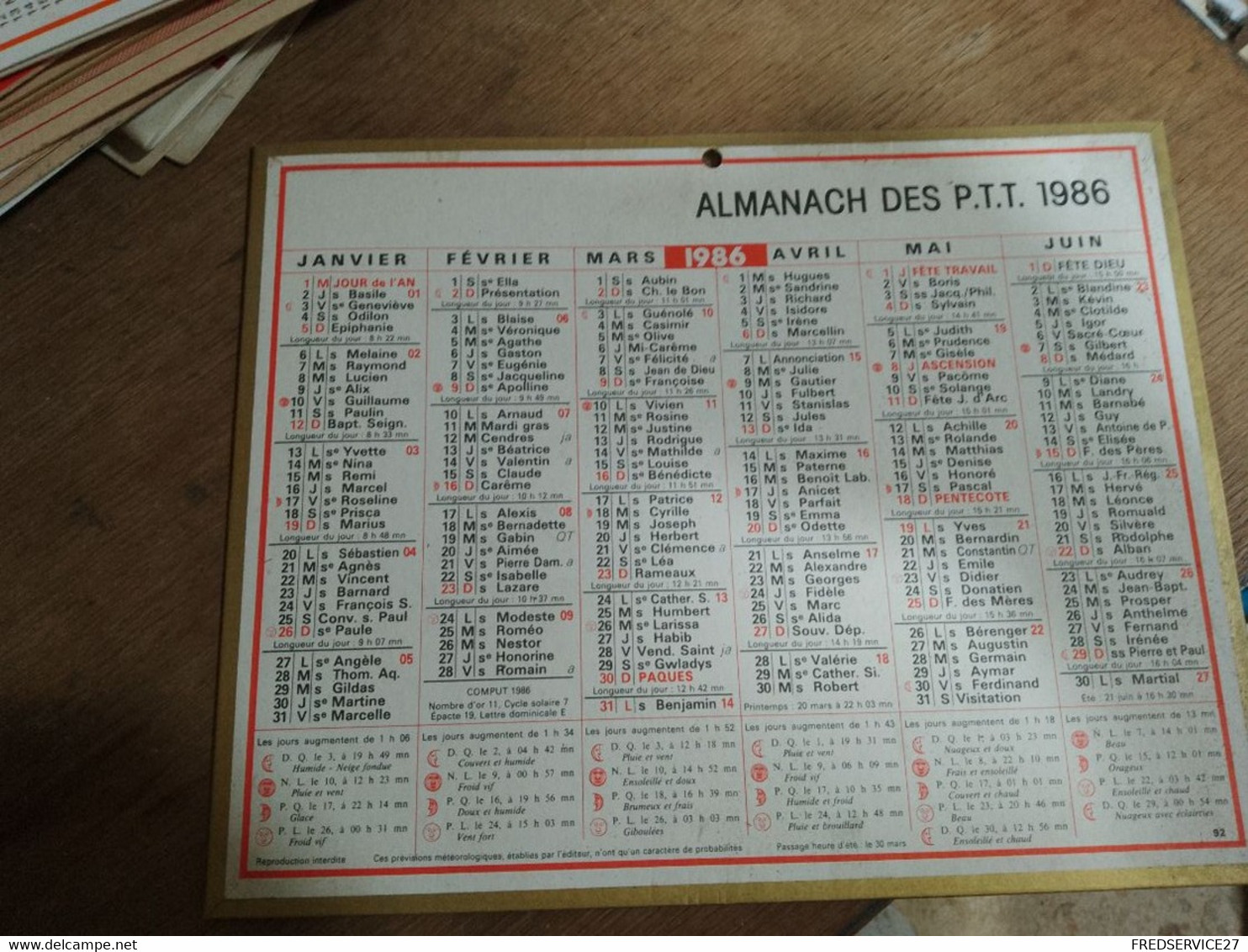 62 /  CALENDRIER 1986  ALMANACH DES P.T.T. - Groot Formaat: 1981-90