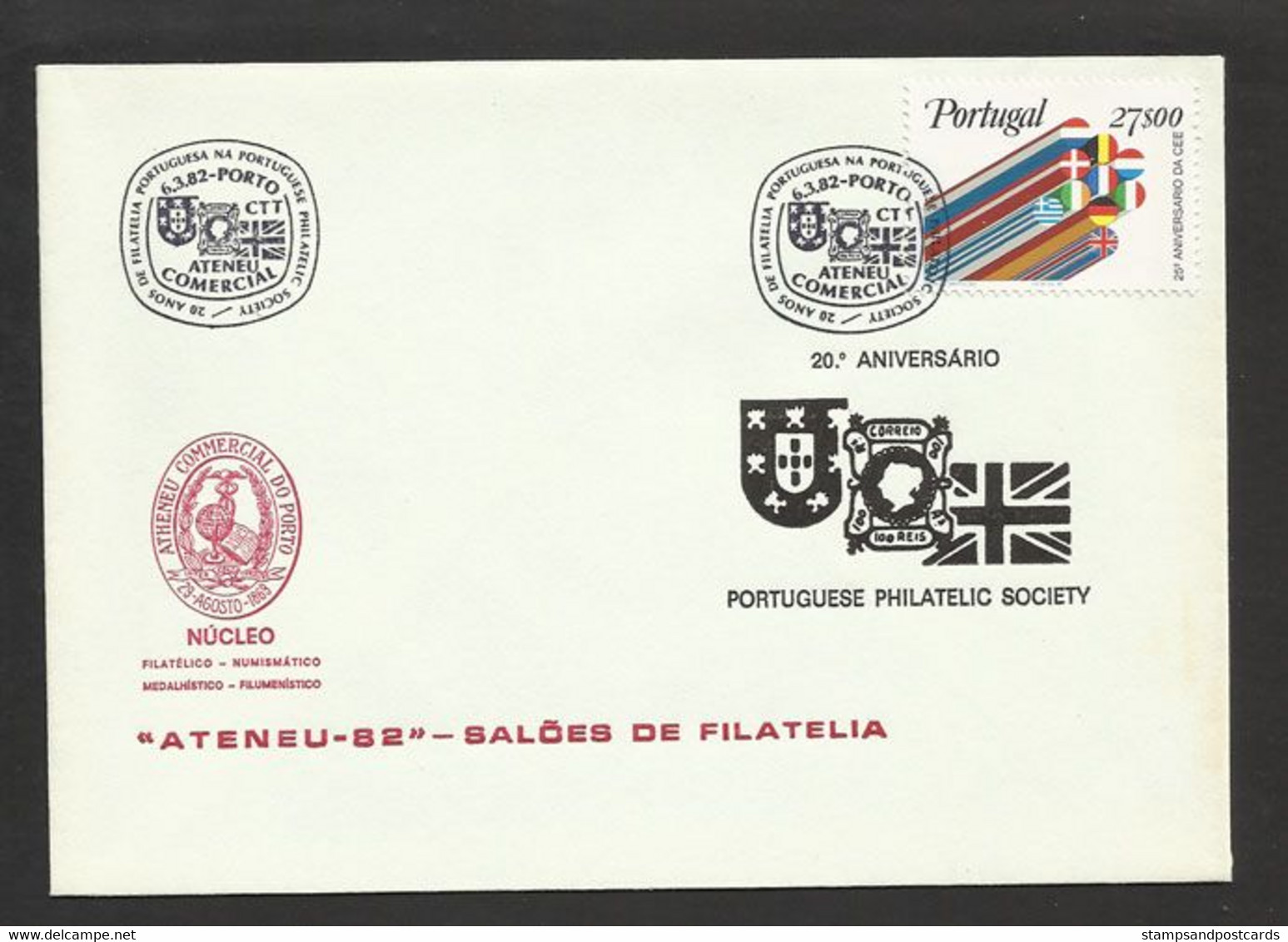 Portugal Cachet 20 Ans Portuguese Philatelic Society  Royaume-Uni Drapeaux 1982 Event Pmk Flags United Kingdom - Postal Logo & Postmarks