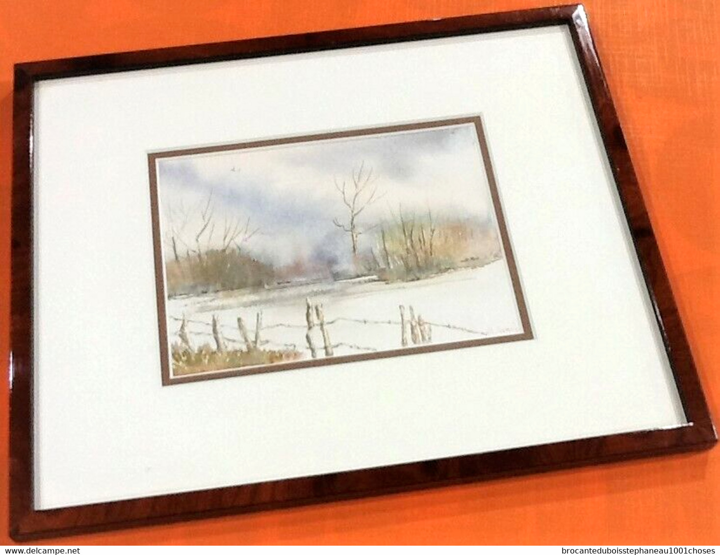 Aquarelle Encadrée Paysage D' Hiver Sous La Neige D.Camelo - Wasserfarben