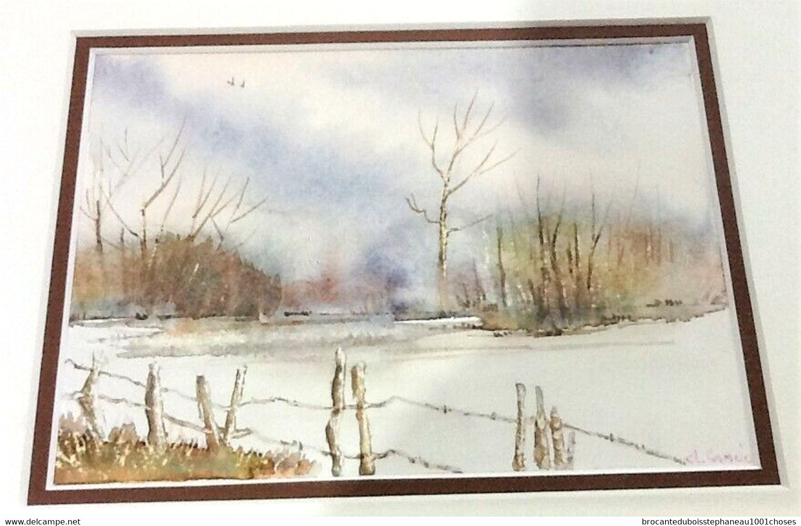 Aquarelle Encadrée Paysage D' Hiver Sous La Neige D.Camelo - Wasserfarben