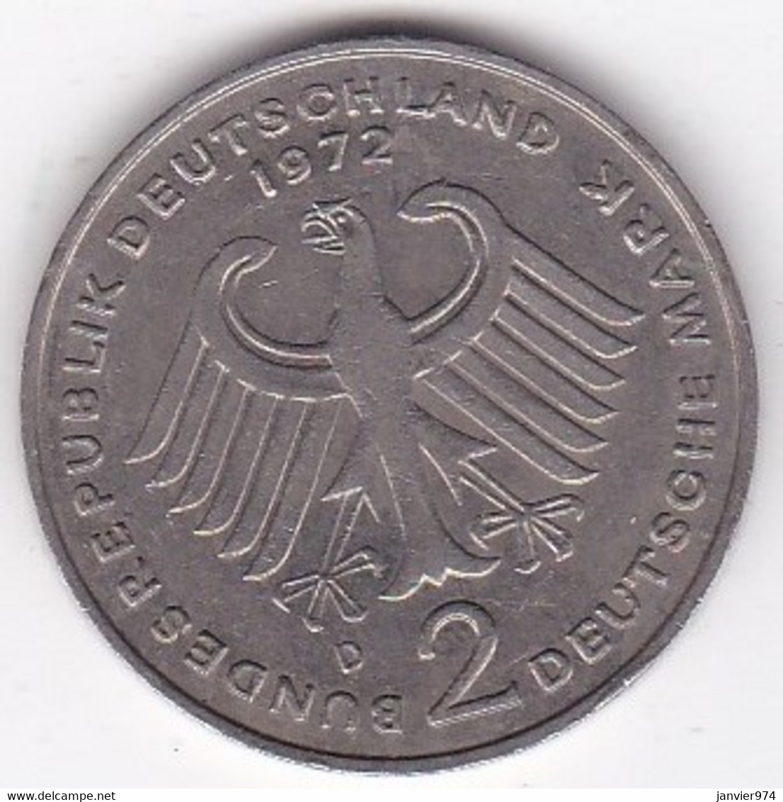 2 Deutsche Mark 1972 D Munich, Theodor Heuss , Cupronickel, KM# A127 - 2 Marchi