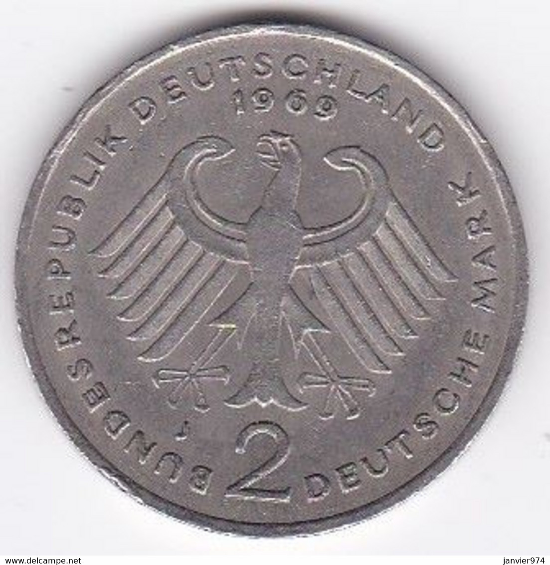 2 Deutsche Mark 1969 J HAMBOURG , Konrad Adenauer, Cupronickel, KM# 124 - 2 Marcos