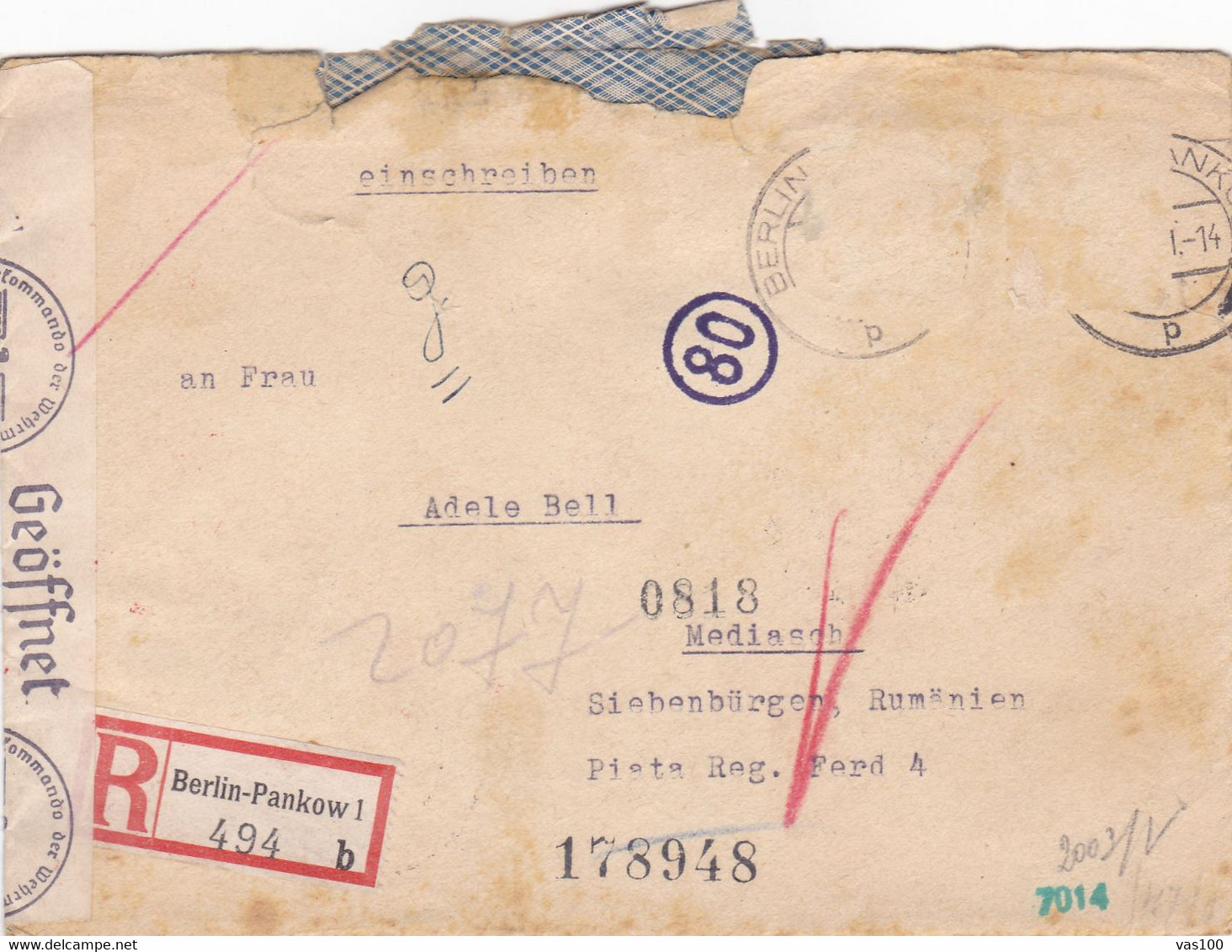 FROM BERLIN-PANKOW RGD. LABEL COVER 1941 CENSORED TO ROMANIA. - World War 1 Letters