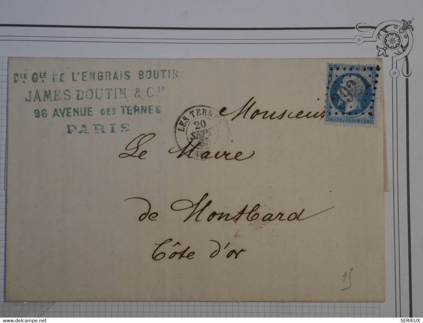 BM18 FRANCE BELLE LETTRE  1867 PARIS A MONTBARD    +NAPOLEON N°22 ++AFFRANCH. INTERESSANT - 1862 Napoleon III