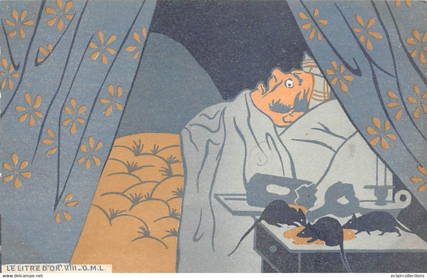 Illustrateur:  Humour  Le Litre D'or. Homme Dans Son Lit.  Souris. Bouteille Cassée . Bougie   2 Cartes   (voir Scan) - 1900-1949