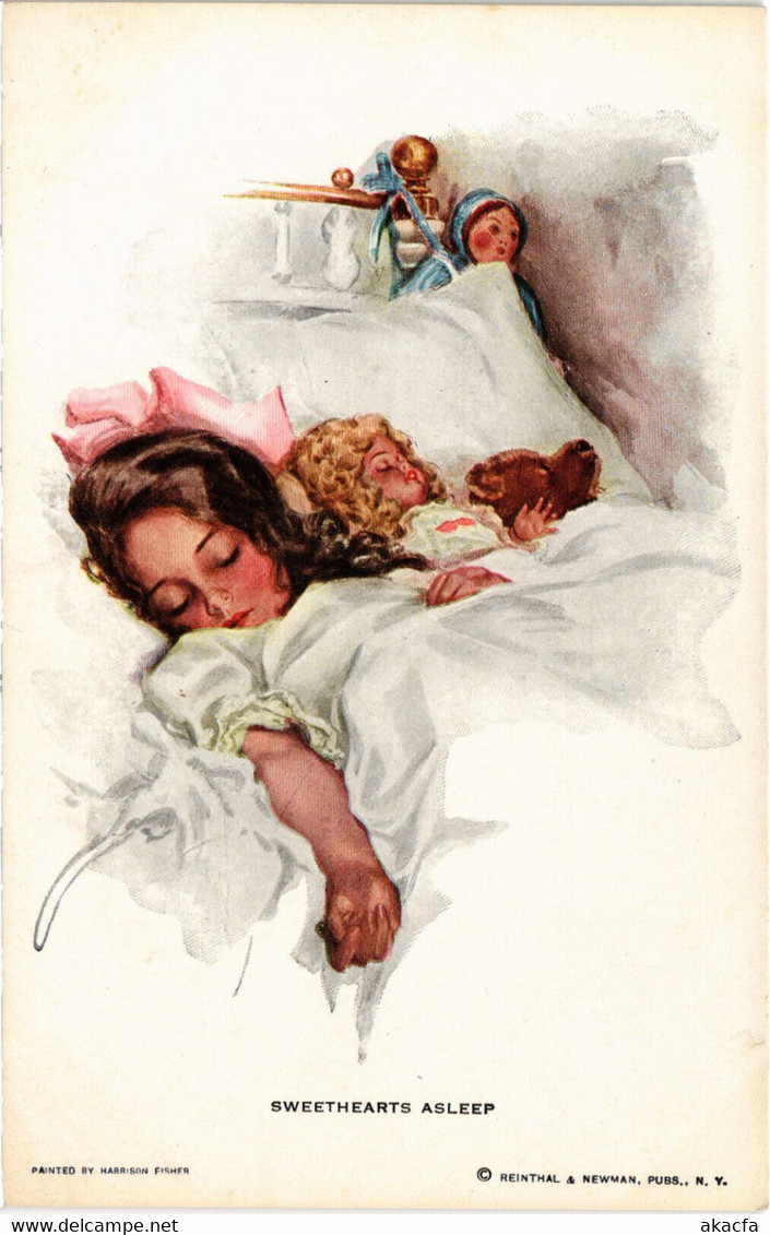 PC ARTIST SIGNED, HARRISON FISHER, SWEETHEARTS ASLEEP, Vintage Postcard (b45218) - Fisher, Harrison