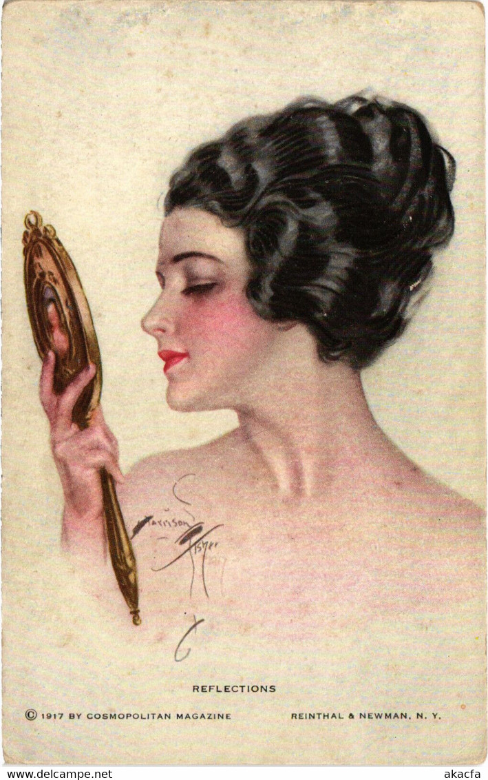 PC ARTIST SIGNED, HARRISON FISHER, REFLECTIONS, Vintage Postcard (b45231) - Fisher, Harrison