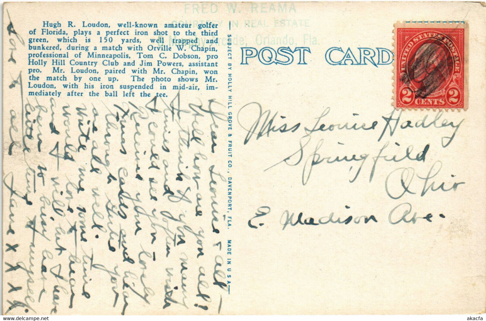 PC GOLF, USA, FL, DAVENPORT, HOLLY HILL GOLF COURSE, Vintage Postcard (b45419) - Golf