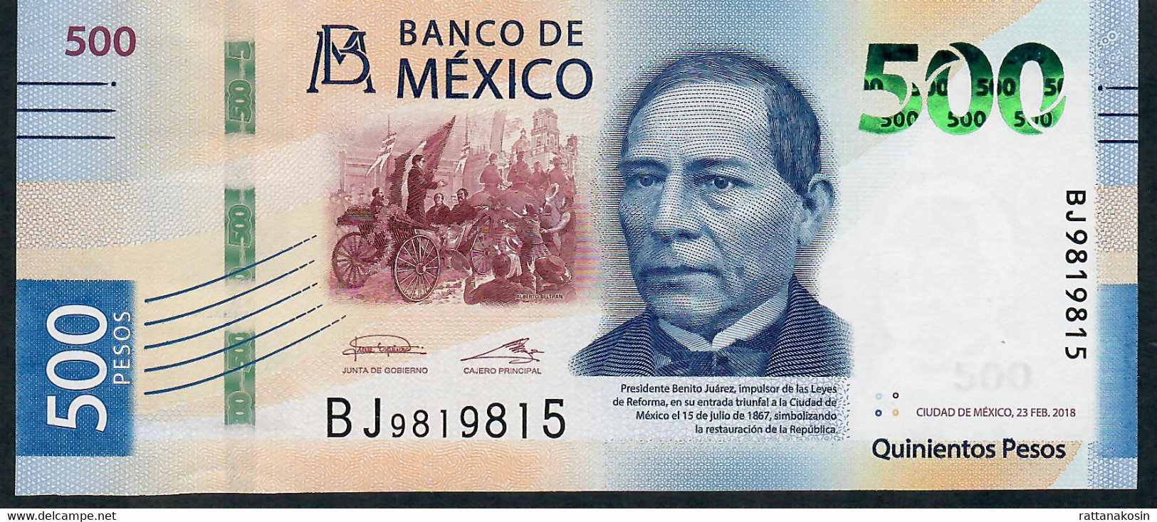 MEXICO  NLP (B717c)   500 PESOS  23.2.2018  #BJ  Signature 12   UNC. - Mexique