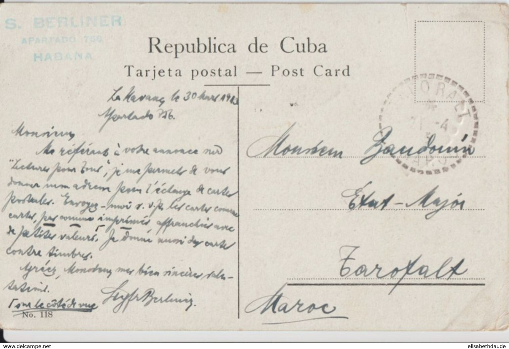 C UBA - 1913 - CP De HABANA => TAFORALT (BUREAU FRANCAIS AU MAROC) !! CACHET ARRIVEE SUR LE TIMBRE ! - Lettres & Documents