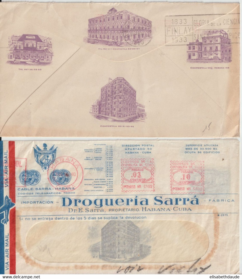 C UBA - 1940 - 2 ENVELOPPES PUB ILLUSTREES SUPERBES DROGUERIA SARRA ! Avec EMA Dont Une AIR MAIL => VICHY (ALLIER) - Covers & Documents