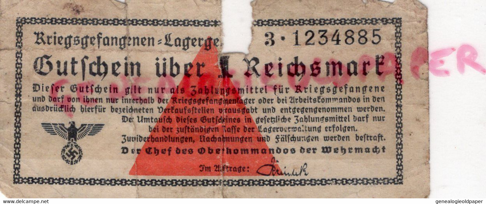 ALLEMAGNE GUERRE 1939-1945- WW 2- RARE BILLET KRIEGSGEFANGENEN LAGER GUTSCHEIM UBER 1 REICHSMARK GARE CROIX GAMMEE - Historische Dokumente