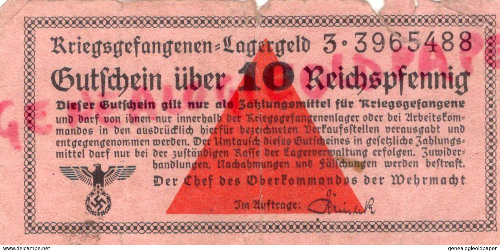 ALLEMAGNE GUERRE 1939-1945- WW 2- RARE BILLET KRIEGSGEFANGENEN LAGER GUTSCHEIM UBER 10 REICHSMARK GARE CROIX GAMMEE - Historische Dokumente