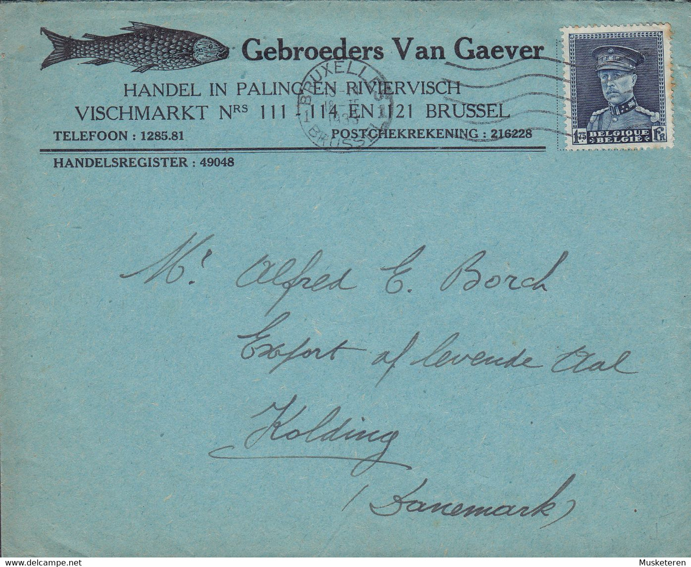 Belgium GEBROEDERS VAN GAEVER Vischmarkt (Fish Market) BRUXELLES 1933 Cover Brief KOLDING Denmark Big Montenez - 1929-1941 Groot Montenez