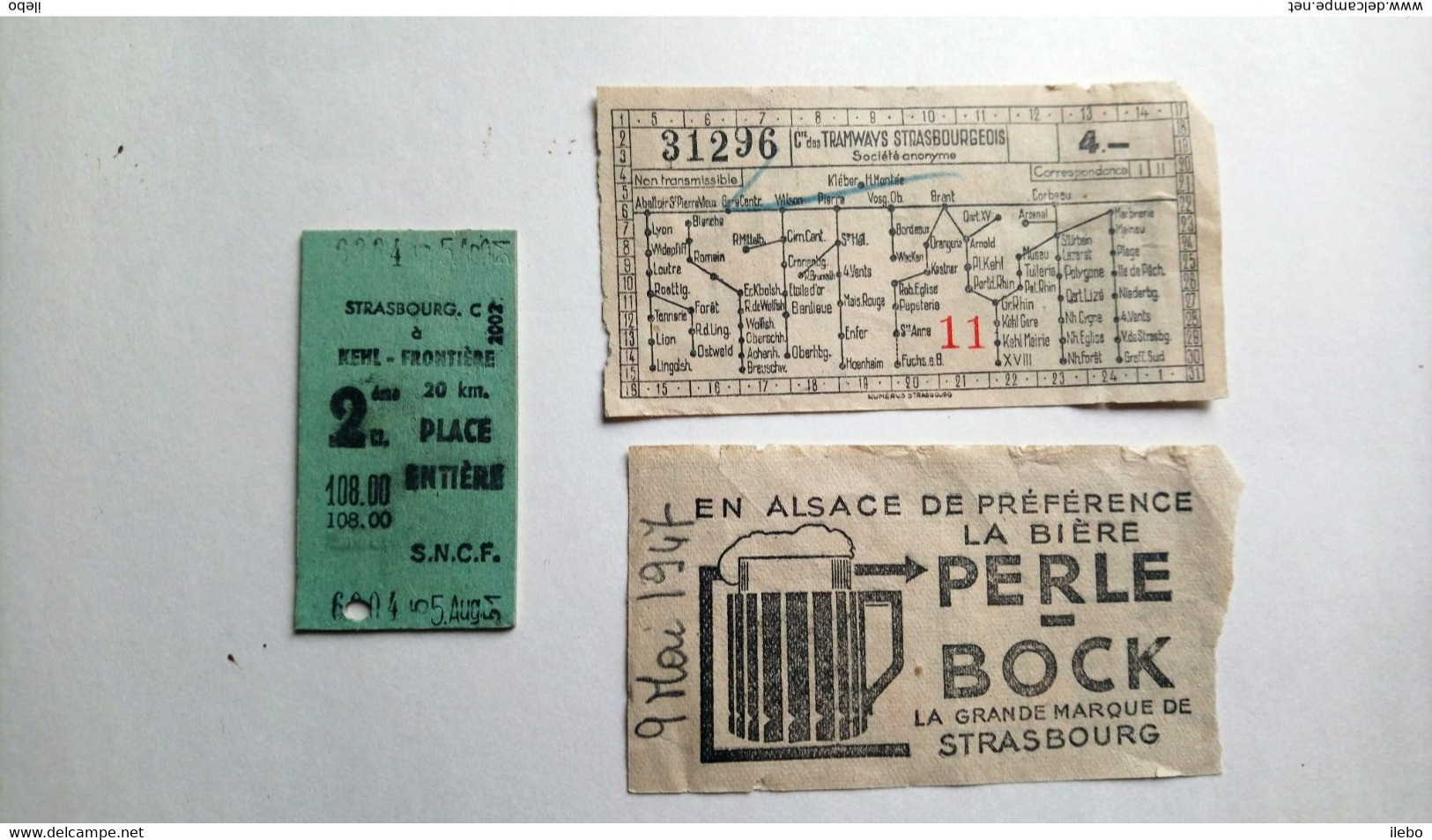 Strasbourg Ticket Train SNCF à Kelh Frontière Et 2 Tickets Tramways Strasbourgeois Bière Perle Bock 1947 - Europe