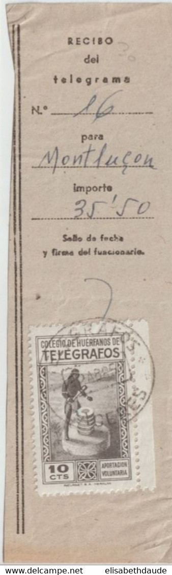 1957 - VIGNETTE COLEGIO DE HUERFANOS DE TELEGRAFOS Sur RECU De TELEGRAMME !! De CACERES => MONTLUCON (ALLIER) - Télégraphe