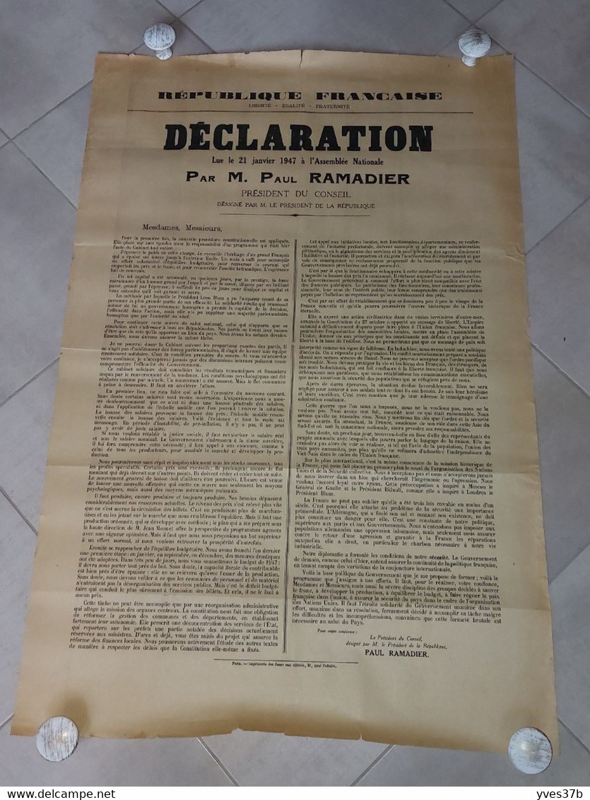 AFFICHE Déclaration Paul RAMADIER 21/01/1947 - 66x100 - TTB - Plakate