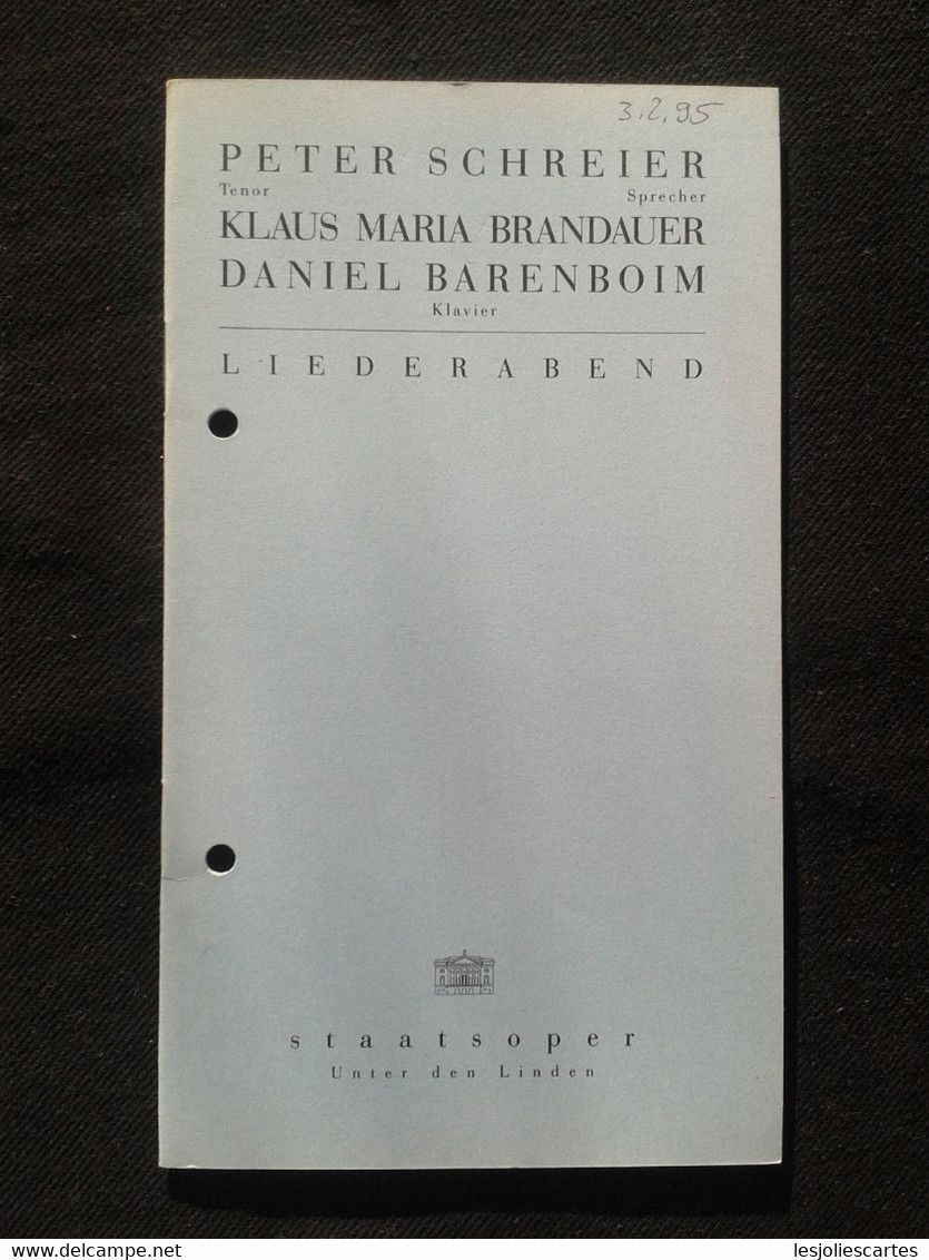 PETER SCHREIER TENOR KLAUS MARIA BRANDAUER SPRECHER DANIEL BARENBOIM PIANISTE KLAVIER PIANIST CONCERT PROGRAMME PROGRAM - Programme