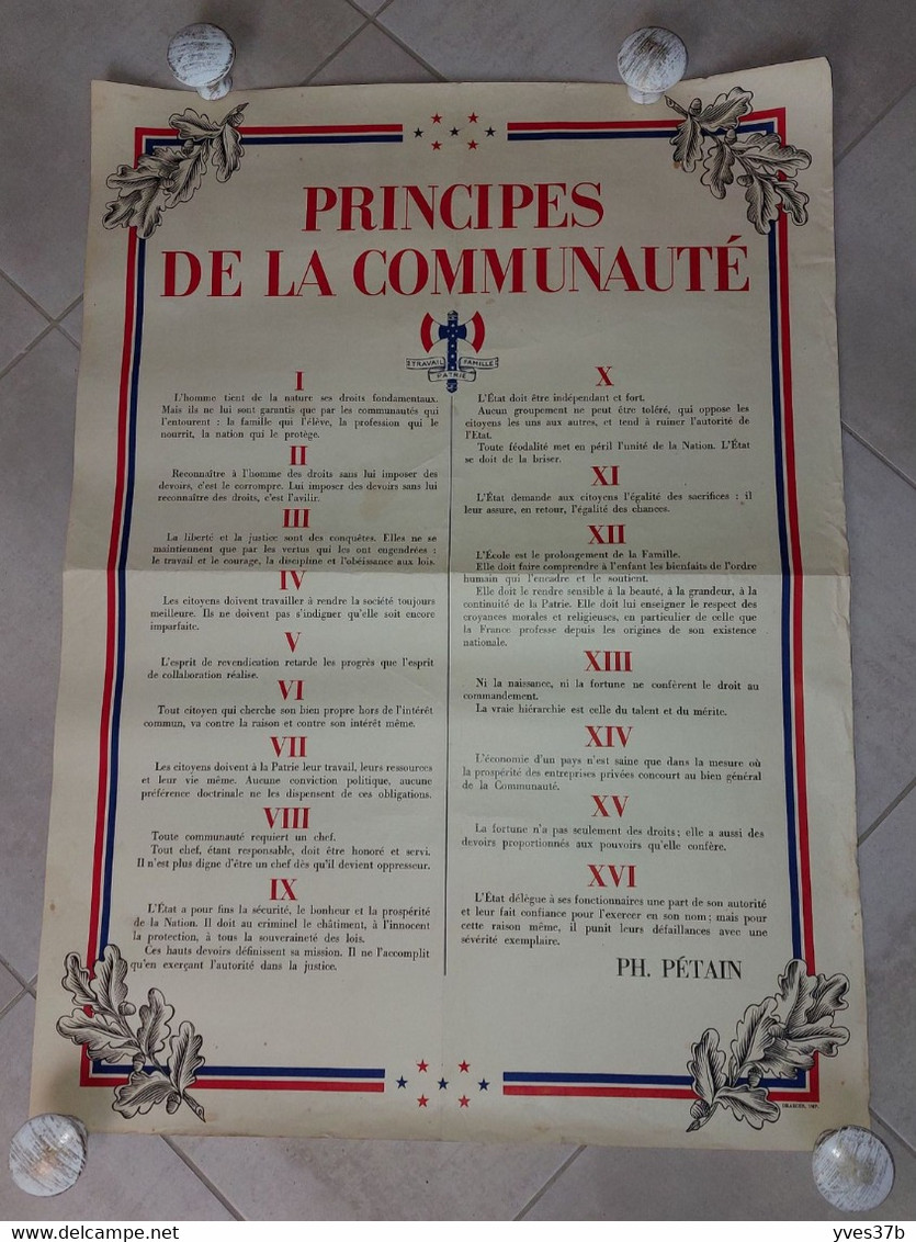 AFFICHE "Principes De La Communauté - Ph. PETAIN 1940" - 55x75 - TTB - Affiches