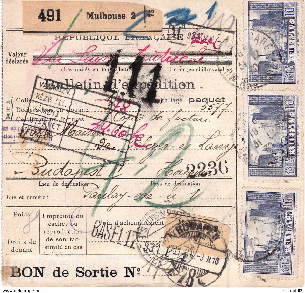 40c Semeuse & 3 X 10f La Rochelle + 2 X 50c Fiscal Perforés DMC Mulhouse 1930 Bulletin Colis Postal Pour La Hongrie - Storia Postale