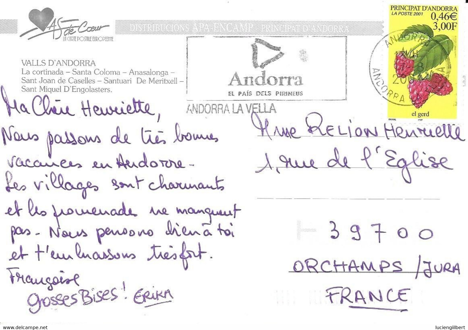 ANDORRE   -  TIMBRE  N° 547  -  FRAMBOISES  -  2001    -  SUR CP - Covers & Documents