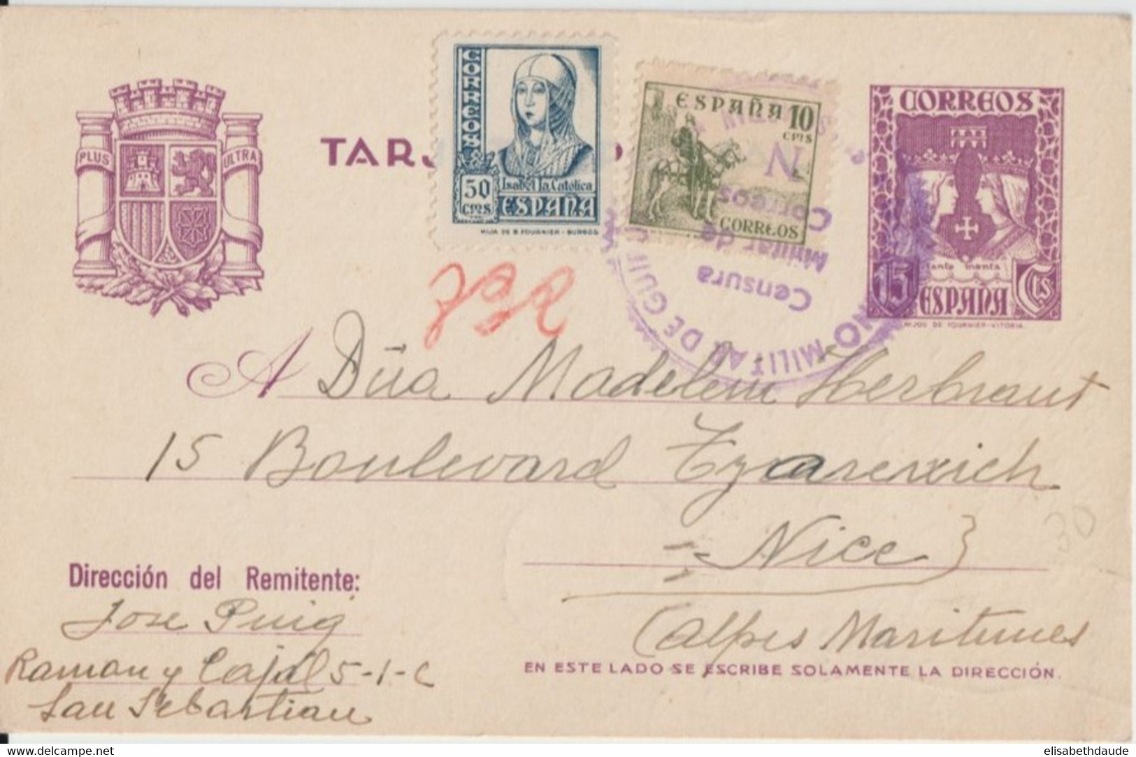 ESPAGNE - 1939 - CP ENTIER POSTAL RARE AVEC CENSURE De SAN SEBASTIAN => NICE - 1931-....