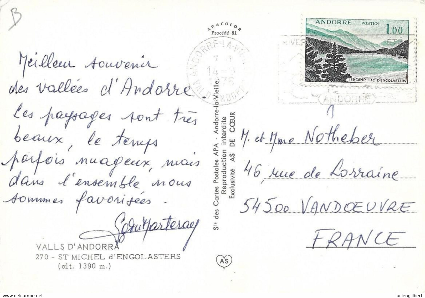 ANDORRE  -   TIMBRE N° 213 A -  CROIX GOTHIQUE  - 1976  -  SUR CP - Briefe U. Dokumente