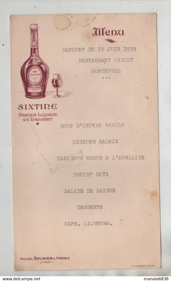 Banquet 1939 Restaurant Jacquy Montrevel Sixtine  Brunier Lyon Menu - Menus