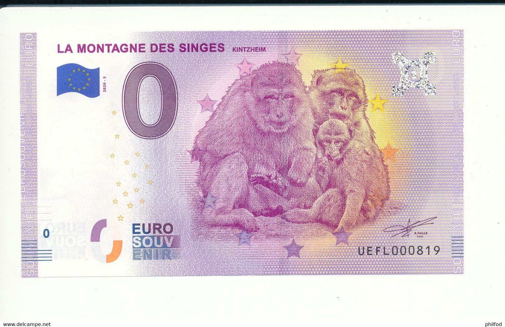 Billet Touristique 0 Euro - LA MONTAGNE DES SINGES KINTZHEIM - 2020-5 - UEFL - N° 819 - Autres & Non Classés