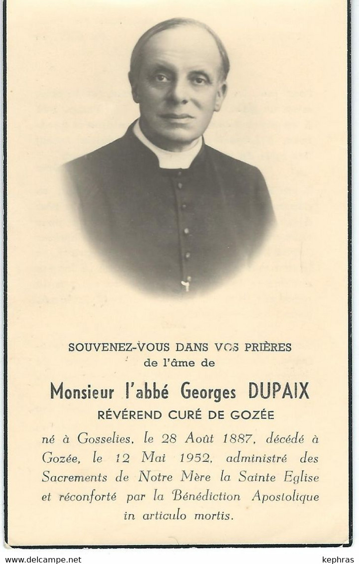 Souvenir Mortuaire De L'Abbé GEORGES DUPAIX - GOSSELIES 1887 / GOZEE 1952 - Devotieprenten